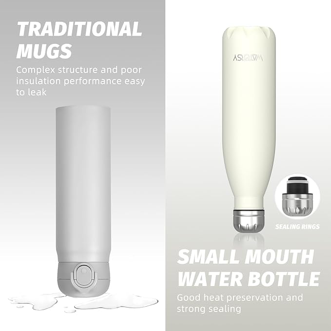 WATERSY Stainless Steel water bottles,17oz/500ml Insulated Water Bottles,Cream White metal water bottle Keeps Drink Cold and Hot,BPA Free kids water bottles for School,Gym,Travel,Sports
