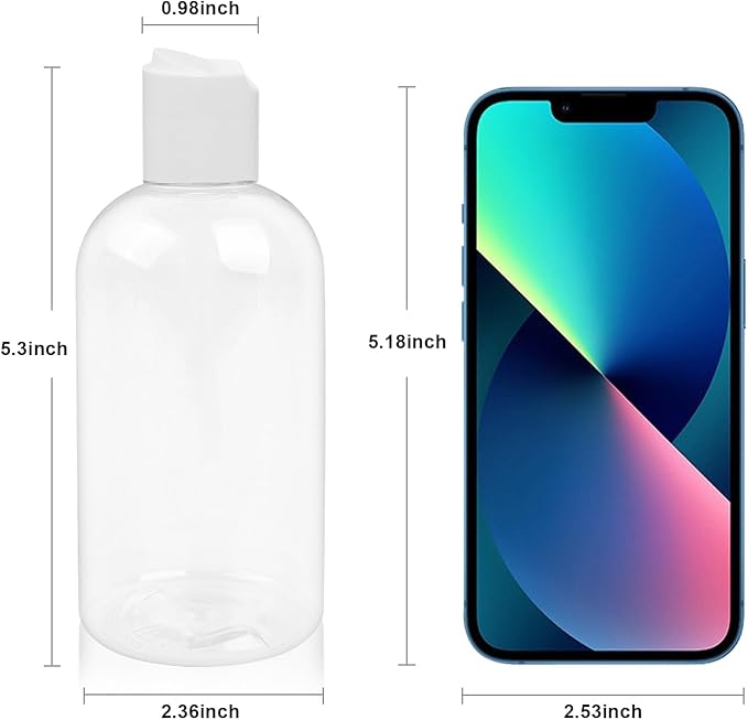 2 Pack 8 oz Plastic Bottles with white Disc Caps Clear Empty Reusable Leak-Proof Travel Squeeze Containers for Shampoo Conditioner Liquid Soap Toiletries