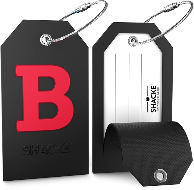 Shacke Initial Luggage Tag with Full Privacy Cover and Stainless Steel Loop - Black (Letter B)
