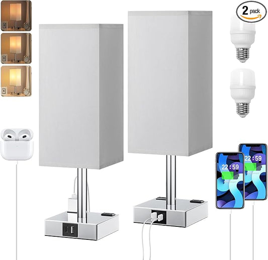 Set of 2 Grey Touch Table Lamp for Bedroom, Dimmable, USB C+A, 2 AC Outlets | 3-Way Dimming, 3000K Bulb Included, Square Grey Lampshade and Silver Base, Desk Lamp for Nightstand, Living Room, Dorm