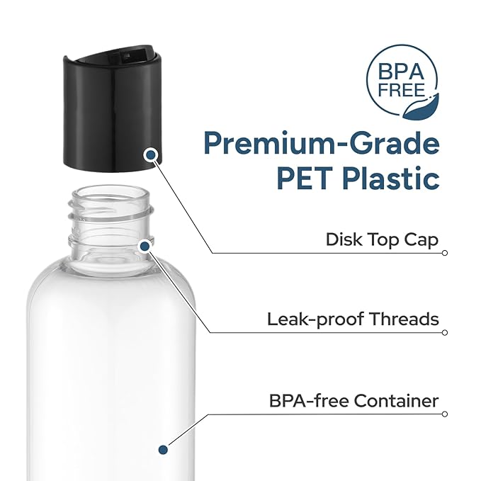 Travel Bottles for Toiletries 3.4 oz TSA Approved - 5 Pack Leak Proof Travel Size Containers, Clear Squeezable Plastic Bottles with Labels for Shampoo Lotion, Flight Cruise Gym Essentials
