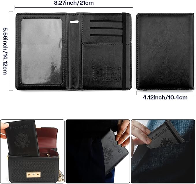 Passport Holder for Travel, Leather Passport Holder RFID Blocking Passport Cover Wallet Passport Case with Pen Holder Passport Holders for Travel Women Men Family Travels Must Haves Essentials, Black