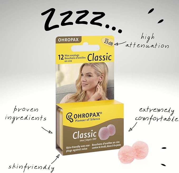 Ohropax Wax Ear Plugs Qty 3 Boxes - Total of 36 Ear Plugs with Free Yellow 6 Compartment Box
