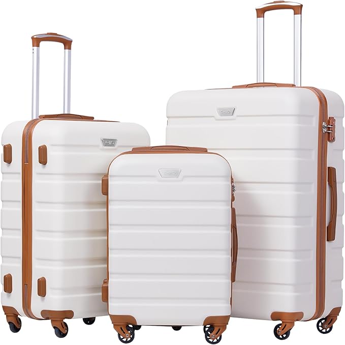 Coolife Luggage 3 Piece Set, Lightweight Durable Hardshell Suitcase set with 360° Spinner Wheels, TSA-approved Lock, Checked Family Travel Luggage sets, 20/24/28 Inch, Apricot White