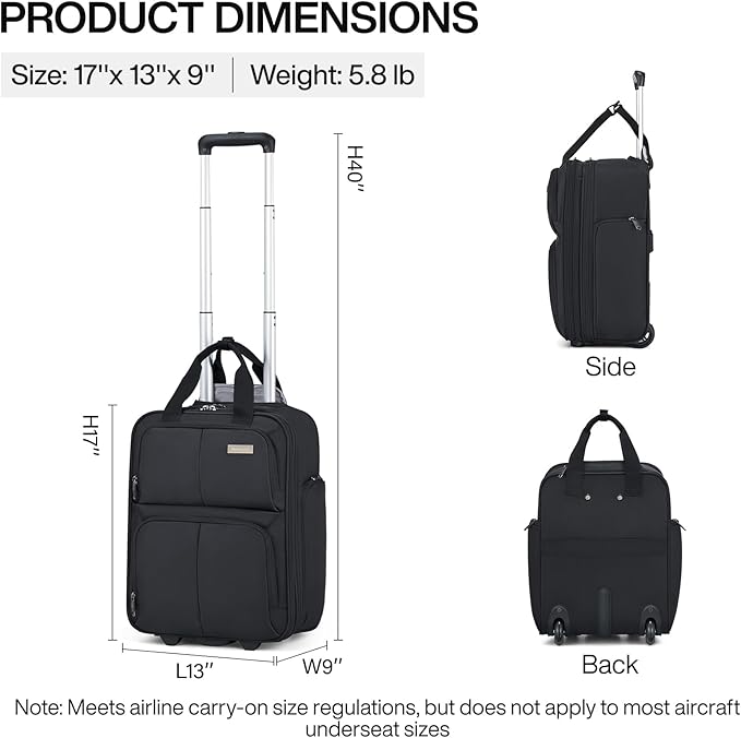 Hanke Expandable Underseat Carry on Luggage for Airplanes,Small Rolling Softside Suitcase Travel Luggage Personal Item Bag,Lightweight luggage bags for travel,Black,16-Inch