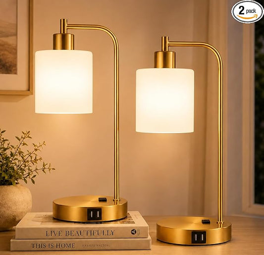 Set of 2 Industrial Touch Control Table Lamps with 2 USB Ports and AC Outlet - 3-Way Dimmable Gold Bedside Lamps Nightstand Desk Lamps for Bedroom Living Room, Opal Glass Shade & 2 LED Bulbs Included