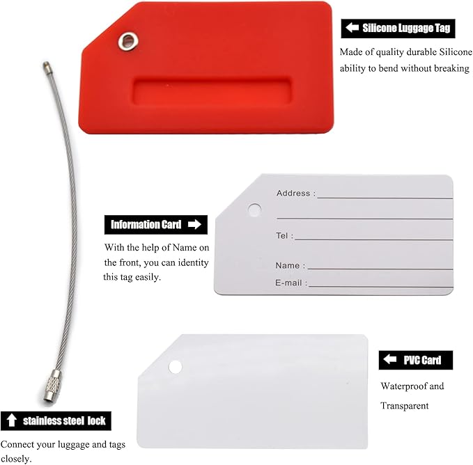 7 Pack Silicone Luggage Tag Baggage Handbag Travel Suitcase Tags with Name ID Card Perfect to Quickly Spot Luggage Suitcase (Red