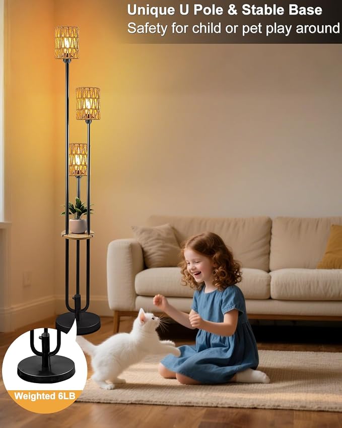 Lightdot Dimmable Boho Floor Lamps for Living Room 3-Lights 3000K Rattan Floor Lamp with Shelves Farmhouse Floor Lamp Rustic Black Standing Lamp with 5Lbs Heavy Base for Sofa Beside/Corner Decor