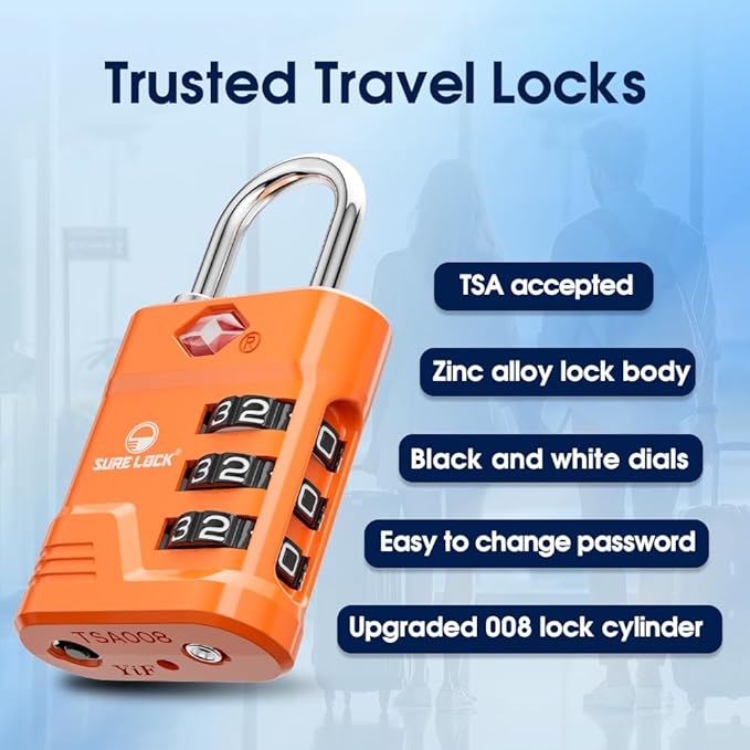 SURE LOCK TSA Approved Luggage Lock – 3-Digit Resettable Combination Padlock with Open Alert Red Dot, Large Easy-Read Dials for Suitcases, Backpacks, Gym & School Lockers(Orange 4 pk)