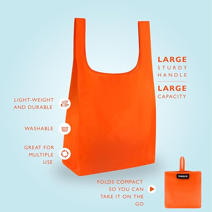 Masirs Reusable Grocery Bag (10-PACK | COLORS) - Reusable Ripstop Bags - Large, Strong Eco Friendly Bags - Foldable Shopping Bag - For Kitchen, Grocery & More - Packable Shopping Bag