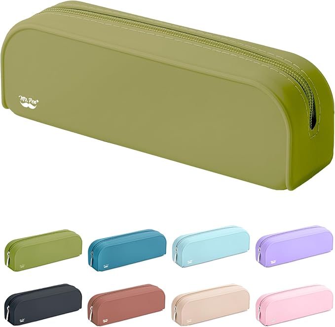 Mr. Pen- Olive Green Silicone Pencil Pouch, Aesthetic Design, Small Size, Multipurpose Makeup Bag
