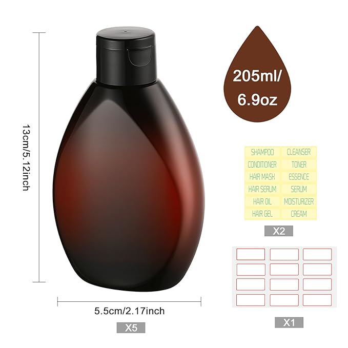 Plastic Squeeze Bottles with Flip Cap 6.9oz 5 Pack Leak Proof Shampoo and Conditioner Containers Travel Essentials for Shampoo Conditioner Body Wash(Brown)