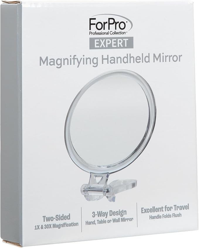 ForPro Professional Collection Expert 30X Magnifying Handheld Mirror, Double-Sided Hand Mirror with Folding Adjustable Handle for Makeup, Travel, Clear