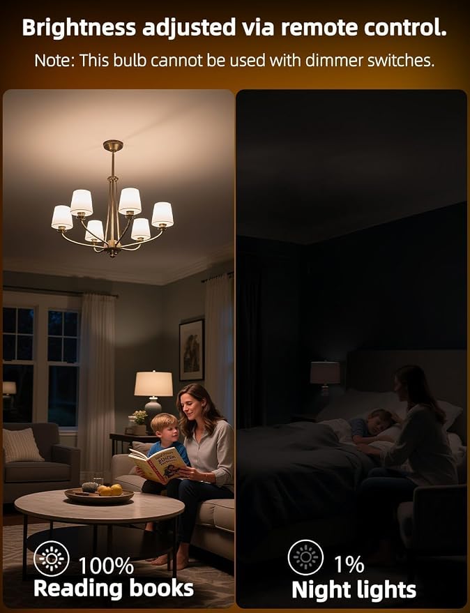 E12 Candelabra Light Bulbs, 120V Color Changing Bulb with Remote, Plug-in Only, E12 Base, 12 RGB+2700K Warm White, 40W Equiv (5W), 450LM, Timer, 2 Modes, for Chandelier/Ceiling Fan, 4 Pack