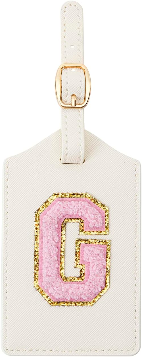 Initial Luggage Tag, PU Leather Luggage Tag, Embroidered Luggage Tag, Letter Luggage Tag, Monogrammed Luggage Tag, Luggage Tag for Baggage Bag Suitcase (G, White Leather+Pink Letter)