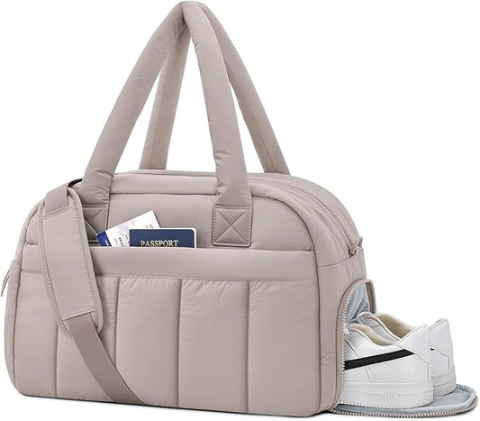 oscaurt Gym Bag for Women Puffer Duffle Bag for Travel Water Resistant Carry On Weekender Overnight Duffel Dance Bag with Shoe Compartment