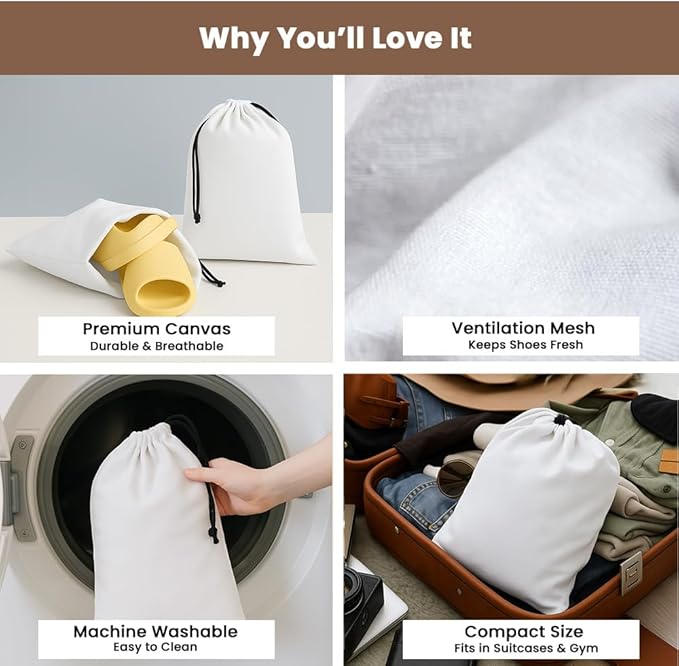 LFH Cotton Rich Shoe Storage Bags with Drawstring, Dustproof Breathable Reusable Organizer, Perfect For Travel, Dorm, Hotel, College, Gym, Easy to Carry, Machine Washable 8"x17" (Pack of 4) - White