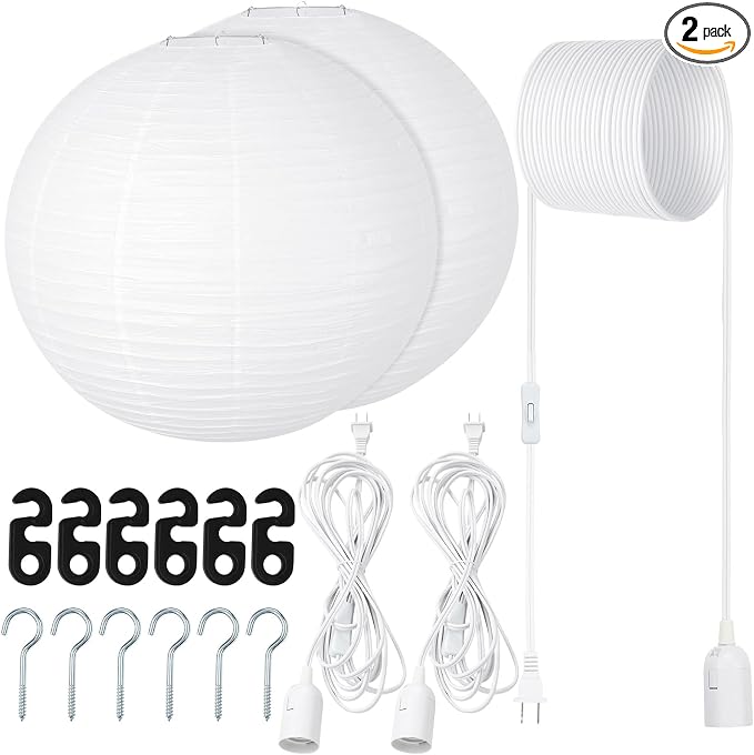 Rossesay 2 Sets Jumbo Paper Lanterns with Lamp Cord Cable White Hanging Paper Lanterns Chinese Japanese Pendant Hanging Lamp for Birthday Wedding Bridal Anniversary Party Decoration (Round,16 Inch)