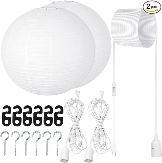 Rossesay 2 Sets Jumbo Paper Lanterns with Lamp Cord Cable White Hanging Paper Lanterns Chinese Japanese Pendant Hanging Lamp for Birthday Wedding Bridal Anniversary Party Decoration (Round,16 Inch)