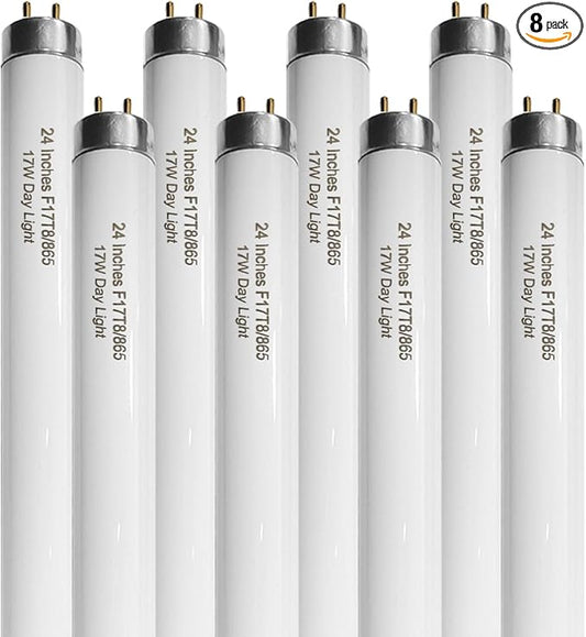 Konideke 24 Inch F17T8/865 Fluorescent Bulb Daylight 6500K, 17 Watt T8 Light Bulb, 2 Foot Fluorescent Light Bulb, 1460 lumens, G13 Medium Bi-Pin Cap 8 Pack