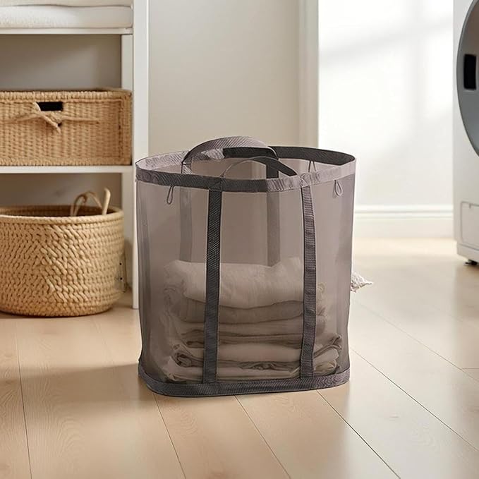 Mesh Bag with Handles, Collapsible Laundry Basket, Foldable Laundry Bag, Breathable Folding Beach Bag,Space-saving Travel Tote Bags (1, Brown)