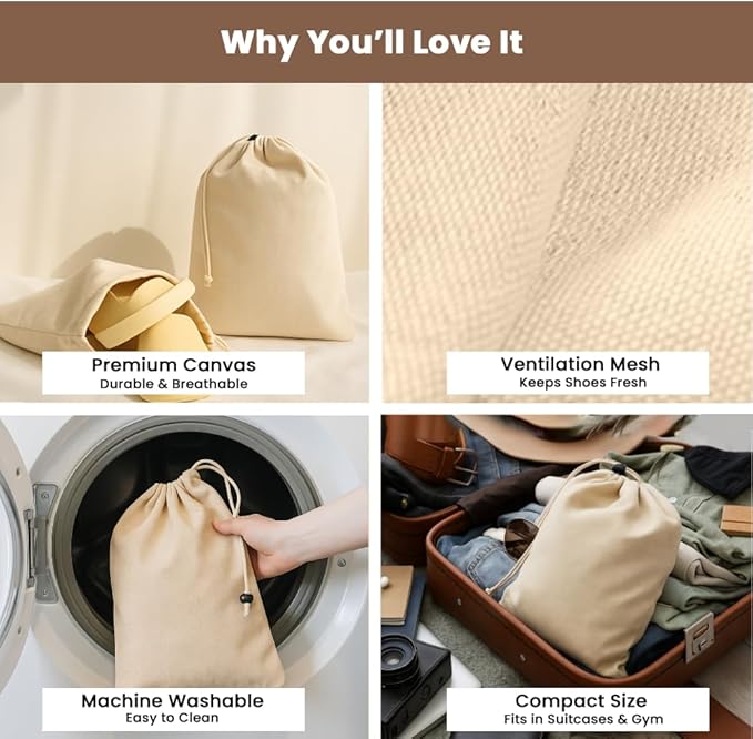 LFH Cotton Shoe Storage Bags with Drawstring, Dustproof Breathable Reusable Organizer, Perfect For Travel, Dorm, Hotel, College, Gym, Easy to Carry, Machine Washable 8"x17" (Pack of 6) - Natural