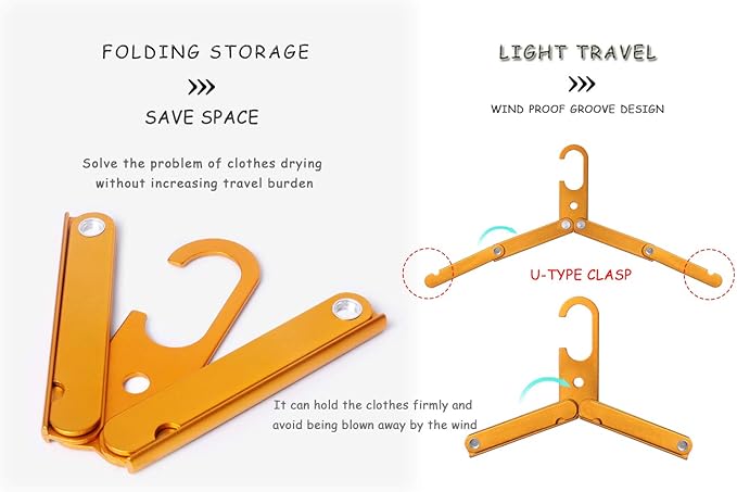 Hikeman Travel Hangers Metal Heavy Duty Folding Hangers for Wet Clothes Portable Space Saving Travel Accessories for Camping Cruise Hotel (3, Orange)