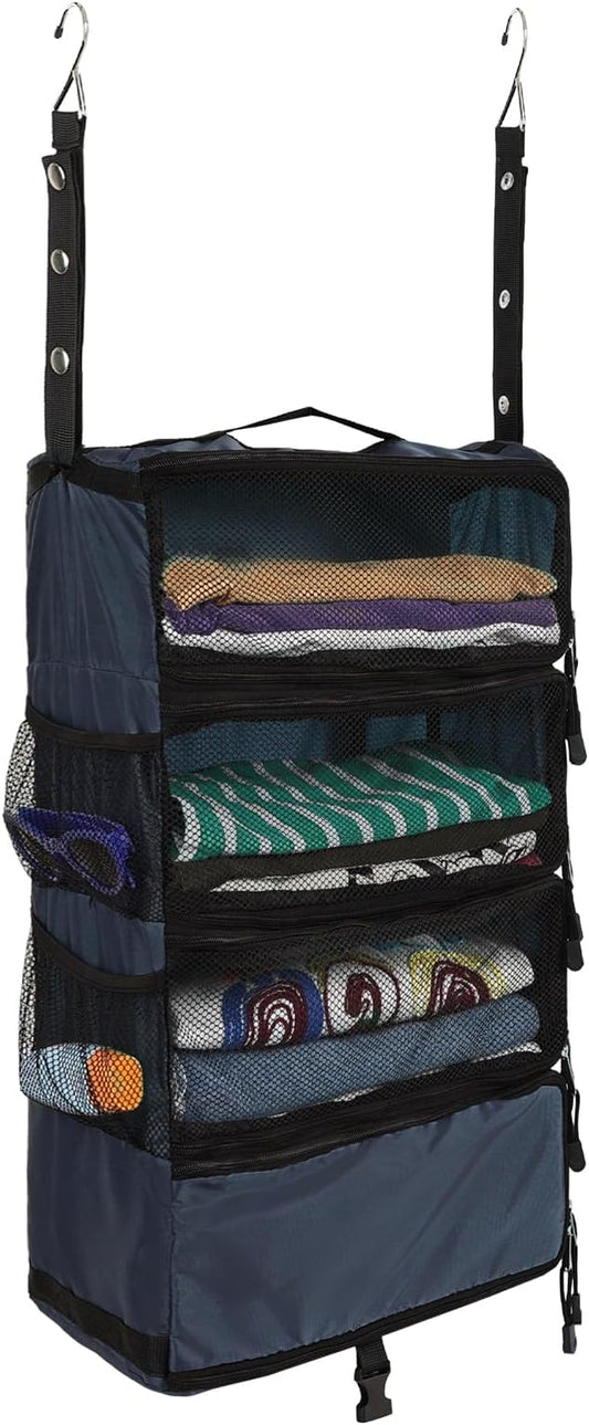 Surblue Travel Hanging Luggage Organizer Portable Suitcase Closet Organizer Multiple Compartments Collapsible Compression Packing Cubes Shelf, Navy, S