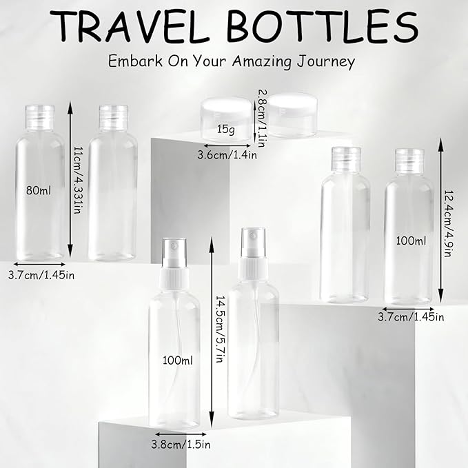 8Pcs Travel Bottles Set, TSA Approved Travel Size Toiletries, Reusable Leak Proof Cosmetic Containers for Shampoo, Conditioner, Cream -Women Men Travel Essentials