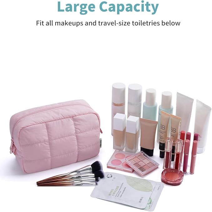 Narwey Puffer Travel Makeup Bag for Women Girl, Quilted Puffy Cosmetic Bag Make Up Bag Organizer, Cute Travel Toiletry Bag for Toiletries (Pink)