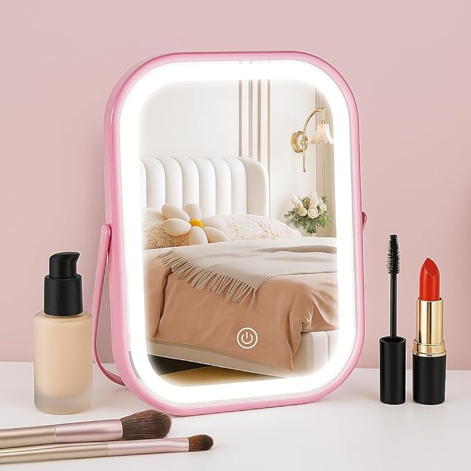 YEKKOPT Lighted Vanity Mirror, Rechargeable Travel Makeup Mirror with Lights, 8''x6'' Desk Mirror with Lights,Make up Mirror with Lighting for Makeup Desk ＆ Dressing Room