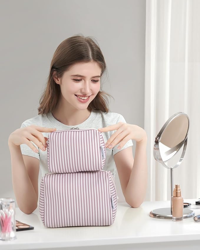 Narwey Small Striped Makeup Bag for Purse Mini Cosmetic Bag Travel Makeup Pouch Zipper Pouch Cute Make up Bags with Compartments for Women Girls (Dusty Rose Stripe, Small)