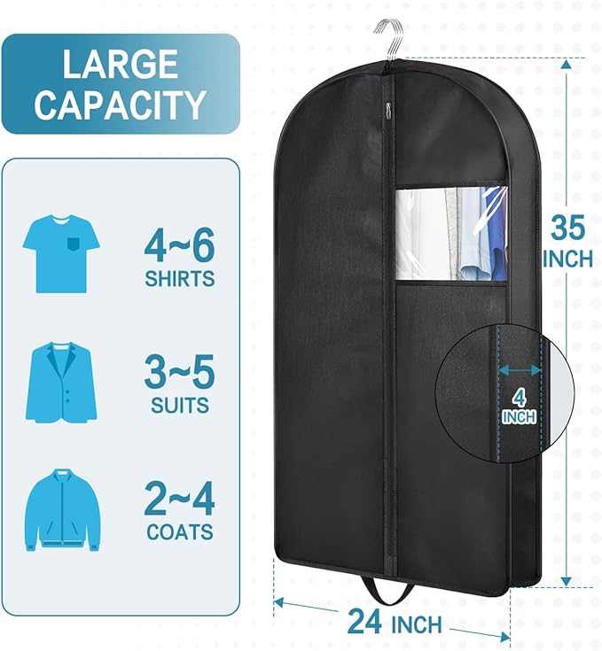 KIMBORA 35" Garment Bags for Hanging Clothes Travel, 4" Gusseted Suit Bags for Closet Storage Mens Garment Protector Cover for Coats, Jackets, Shirts (3 Packs)