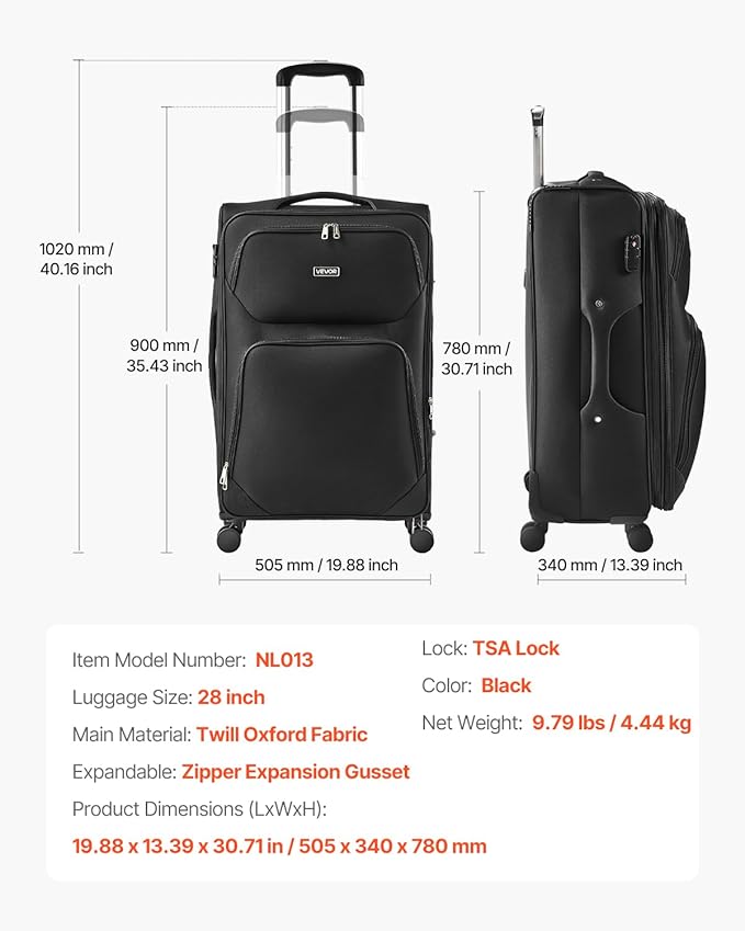 VEVOR Softside Expandable Luggage with Spinner Wheels, 28-Inch Softside Checked Large Luggage, Lightweight Checked Suitcase with Expandable Zippered Pocket and TSA Lock, Black