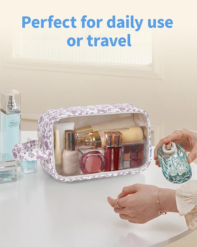 Narwey Clear Toiletry Bags for Traveling Women Men, Clear Travel Bags for Toiletries Makeup Bag Cosmetic Bag with Zipper, Make Up Organizer, Skincare Bag (Dusty Pink Flower)