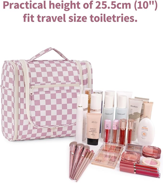 Narwey Checkered Hanging Travel Toiletry Bag for Women, Travel Bag for Toiletries, Makeup Bag Organizer Cosmetic Bags Make Up Bags for Women (Dusty Rose Checkerboard)