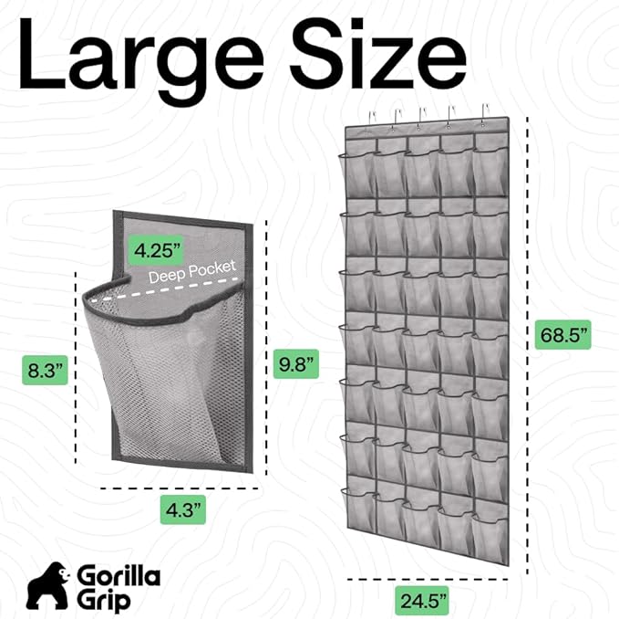 GORILLA GRIP Over the Door Shoe Organizer, 35 Large Breathable Mesh Pockets, Space Saving Hanging Storage Holder, 5 Hook Closet Rack Hanger, Hangs on Closets for Shoes, Accessories 68.5H x 24.5W Grey