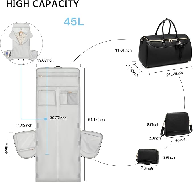Garment Bags for Travel,45L Carry on Convertible Garment Duffle bag for Men Women - 3 in 1 Hanging Suit Travel Bag with Shoulder Strap (Black-A)