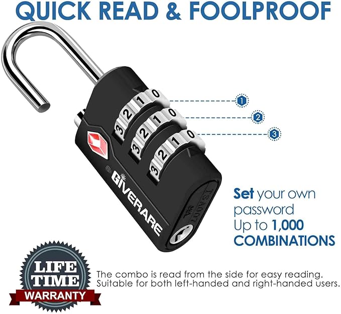 2 Pack TSA Approved Travel Luggage Locks, Suitcase Combination Lock, Keyless 3-Digit Zipper Padlocks, TSA Accepted Compatible Padlock for Gym Locker, Golf Bag Case, Backpack-Black