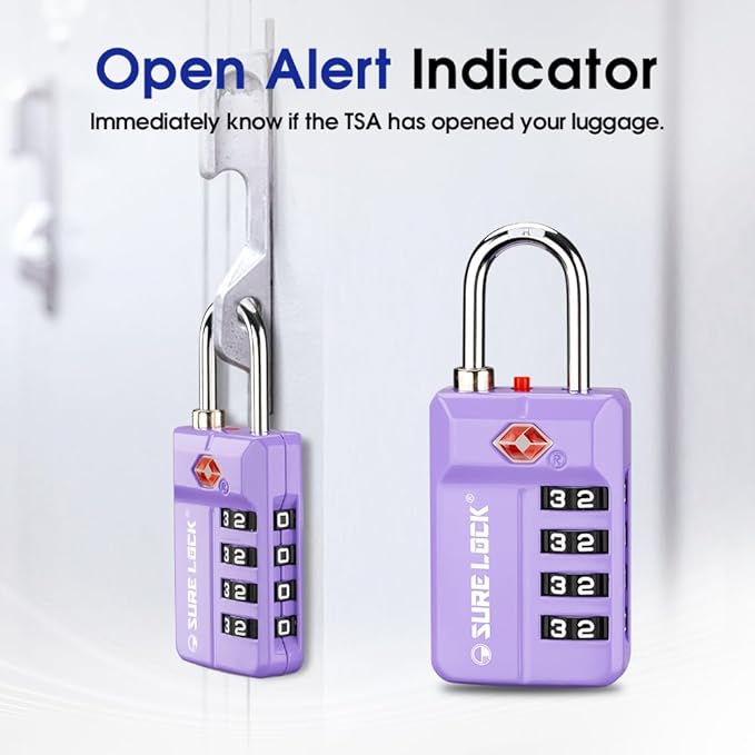 SURE LOCK TSA-Approved 4-Digit Resettable Combination Luggage Lock with Open Alert, Easy-Read Dials - for Luggage, School Lockers, Gym, Office, Toolbox & Security Cases (Purple 2 Pack)