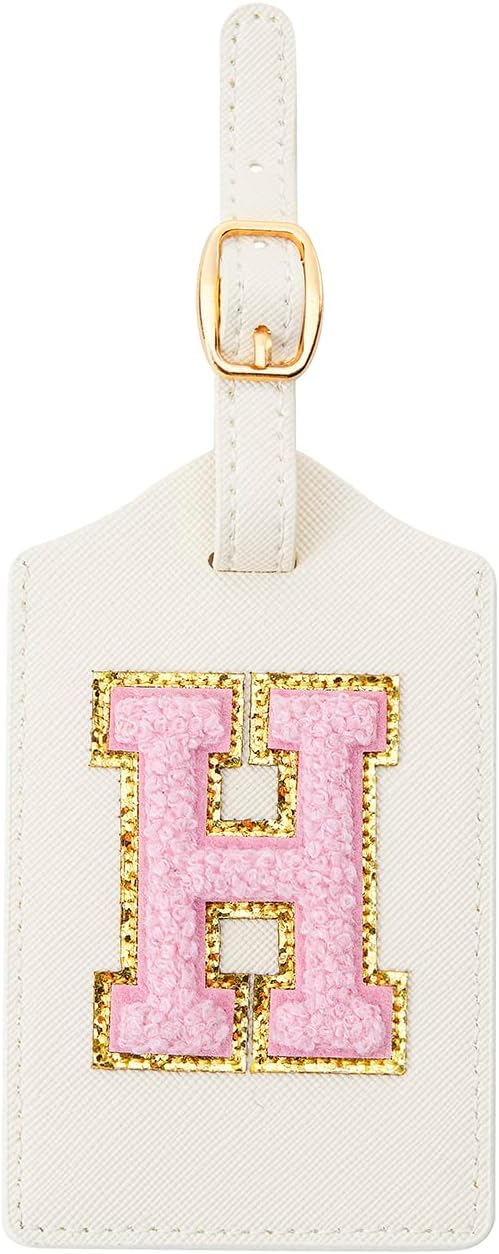 Initial Luggage Tag, PU Leather Luggage Tag, Embroidered Luggage Tag, Letter Luggage Tag, Monogrammed Luggage Tag, Luggage Tag for Baggage Bag Suitcase (H, White Leather+Pink Letter)
