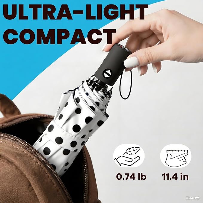 SIEPASA Windproof Travel Compact Umbrella-Automatic Umbrellas for Rain- Small Portable Windproof Umbrellas for Men Women Teenage. (White Polka Dots)