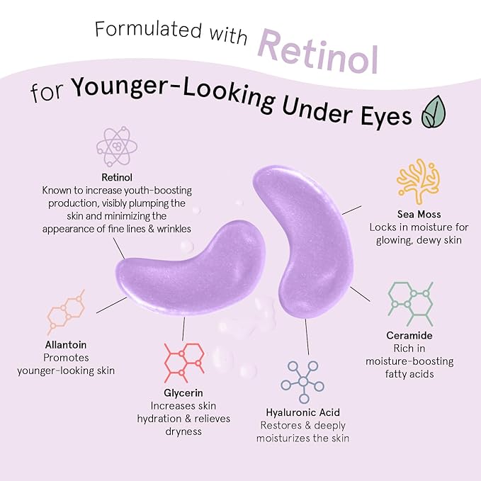 grace & stella Retinol Under Eye Patches for Puffy Eyes and Dark Circles, Restoring Gel Under Eye Masks with Hyaluronic Acid - Vegan Cruelty-Free Skincare - Gifts for Girlfriend (Purple, 6 Pairs)