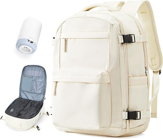 Vacuum Travel Backpack with Pump for Women,Personal Item Carry on Backpacks Flight Approved 18x14x8 inches for Men,Laptop Waterproof Work Compression bags Casual Daypack. Beige