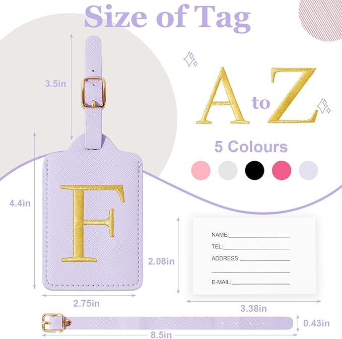 Personalized Initial Luggage Tags for Suitcases,Leather Letter Cute Luggage Tags with Privacy Name Card,Embroidered Monogrammed Travel Bag Backpack Tag Gifts for Women Kids Girls Teens(Purple-F)