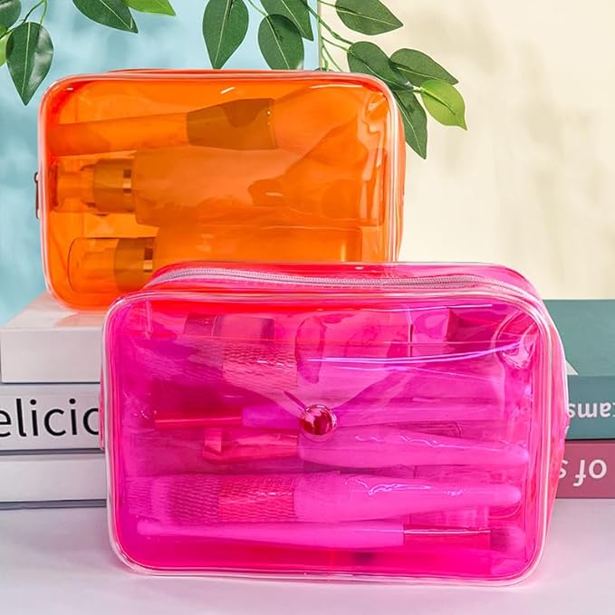 Neon TSA Approved Clear Toiletry Pouch, 7"x2.3"x4.7" Size, PVC Travel Makeup Bags for Toiletries, Transparent Cosmetic Bag for Women and Men Small (hot pink)