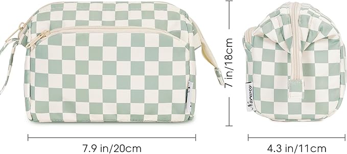 Narwey Makeup Bag Women Girls, Travel Toiletry Bag for Women Cosmetic Bag Organizer Make up Bag with Compartments Toiletries Medicine Bag (Mint Green Checkerboard)