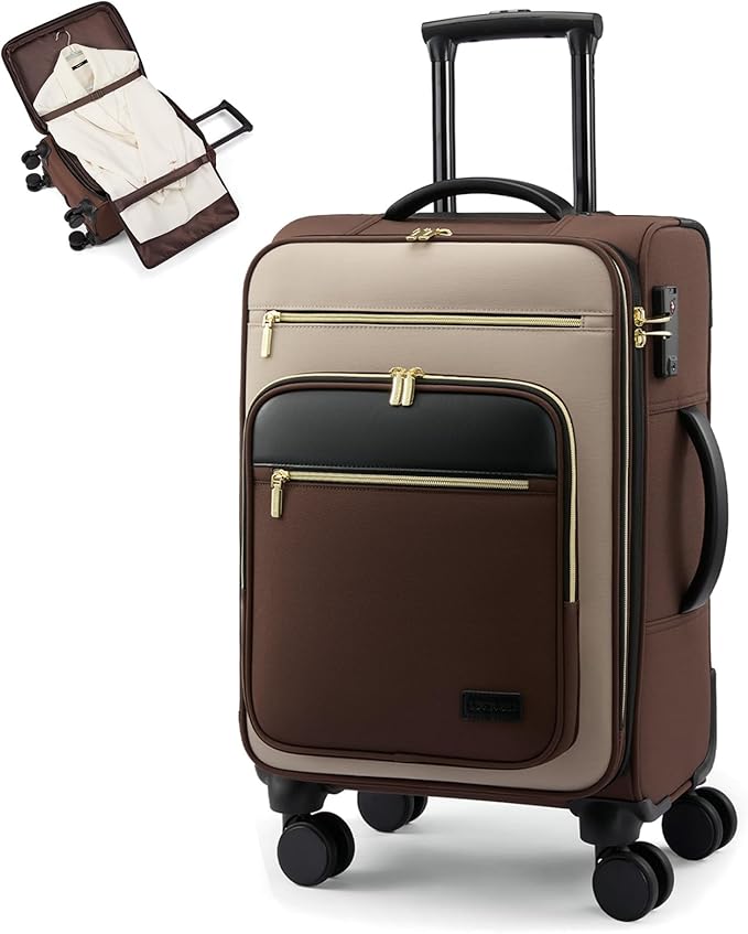 LOVEVOOK Carry on Suitcase 22x14x9 Airline Approved,20 inch Lightweight Waterproof Suitcases with 360° silent swivel wheels, TSA Lock and Compartment, Large Capacity travel Suitcase Apricot-Coffee