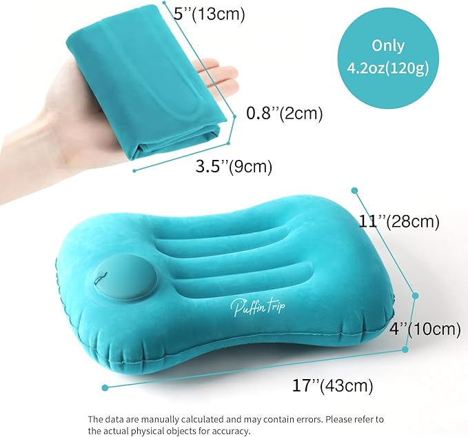 Ultralight Inflatable Travel Pillow Press to Inflate Compressible Neck and Lumbar Support While Camping Driving Sleeping Peacock Blue