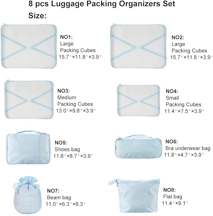 Travel Packing Cubes 8 Pcs Set, Luggage Packing Organizers with Shoe Bag and Toiletry Bag